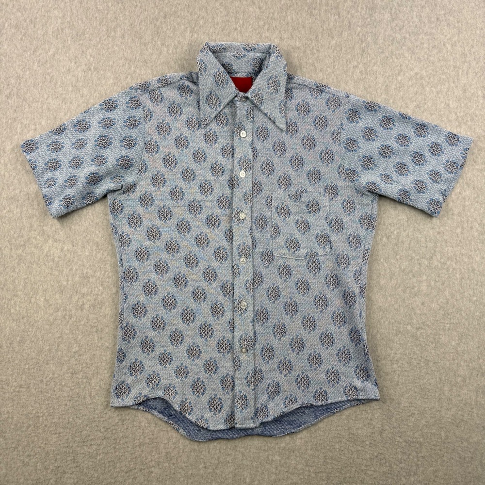 Vintage 70s Sears Kings Road Shirt Mens Medium Blue Knit Slim Fit Button Up